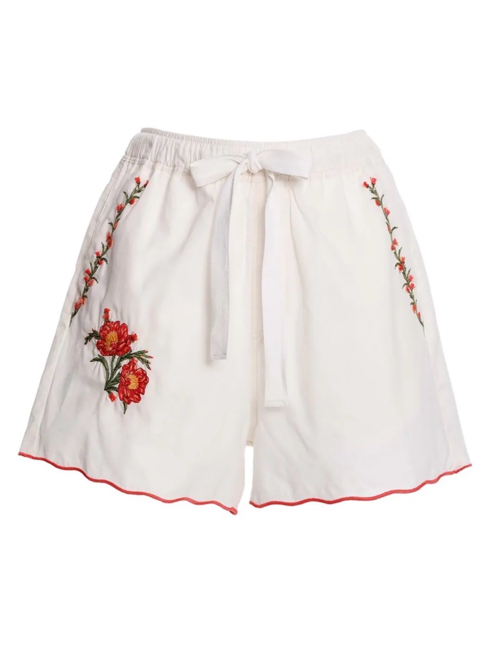 Agua Bendita Off White Watts Nacar Scalloped Hem Linen Floral Embroidered Shorts